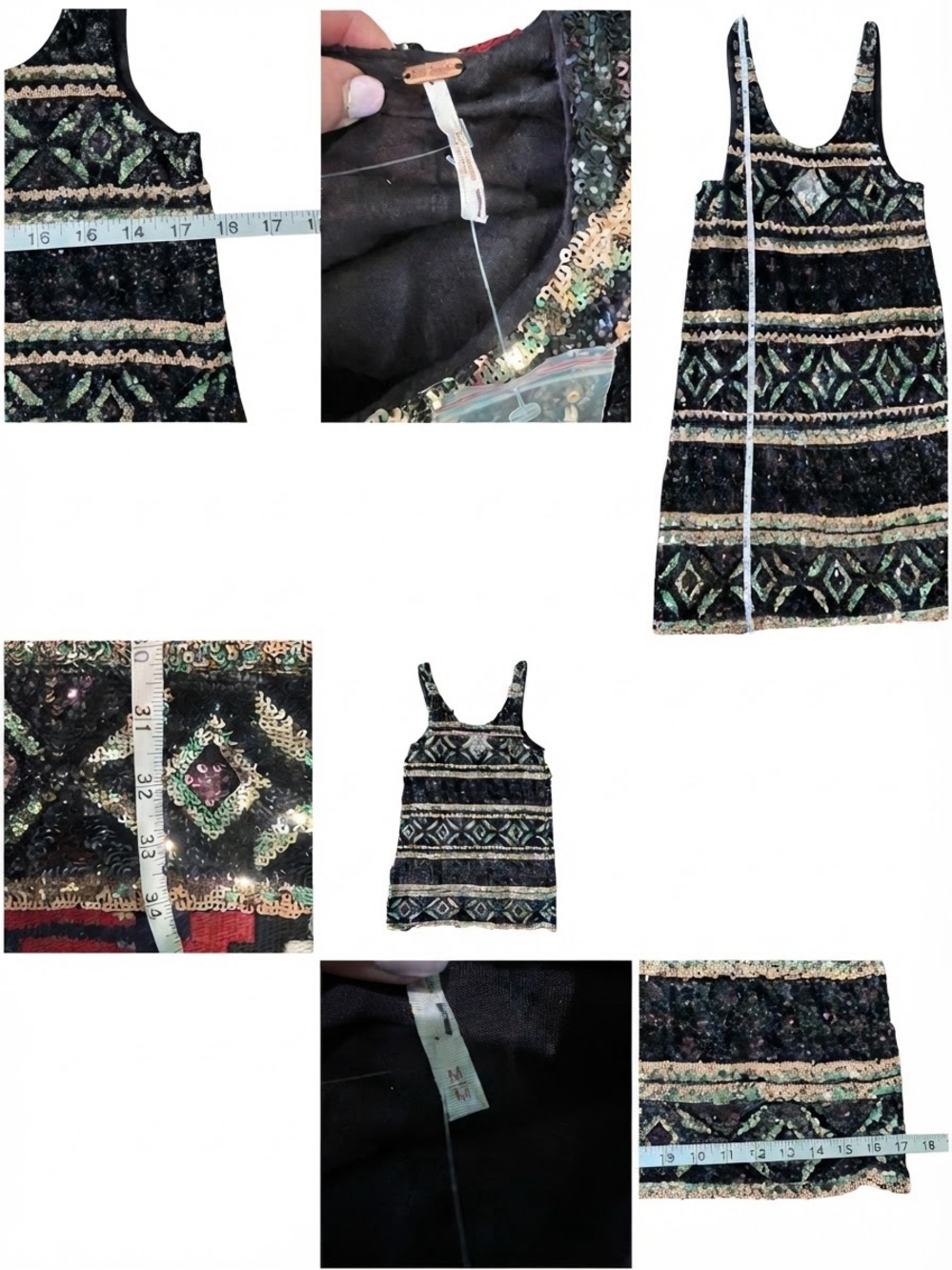 Free People Black Sequin Mini Dress with Green & Gold Pattern